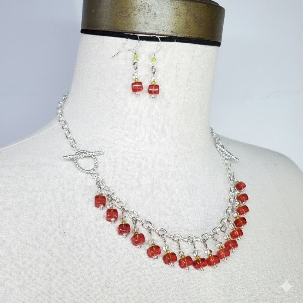 Necklace Earring & Anklet Set Handmade Beaded Charm Czech Glass Cube Dangle